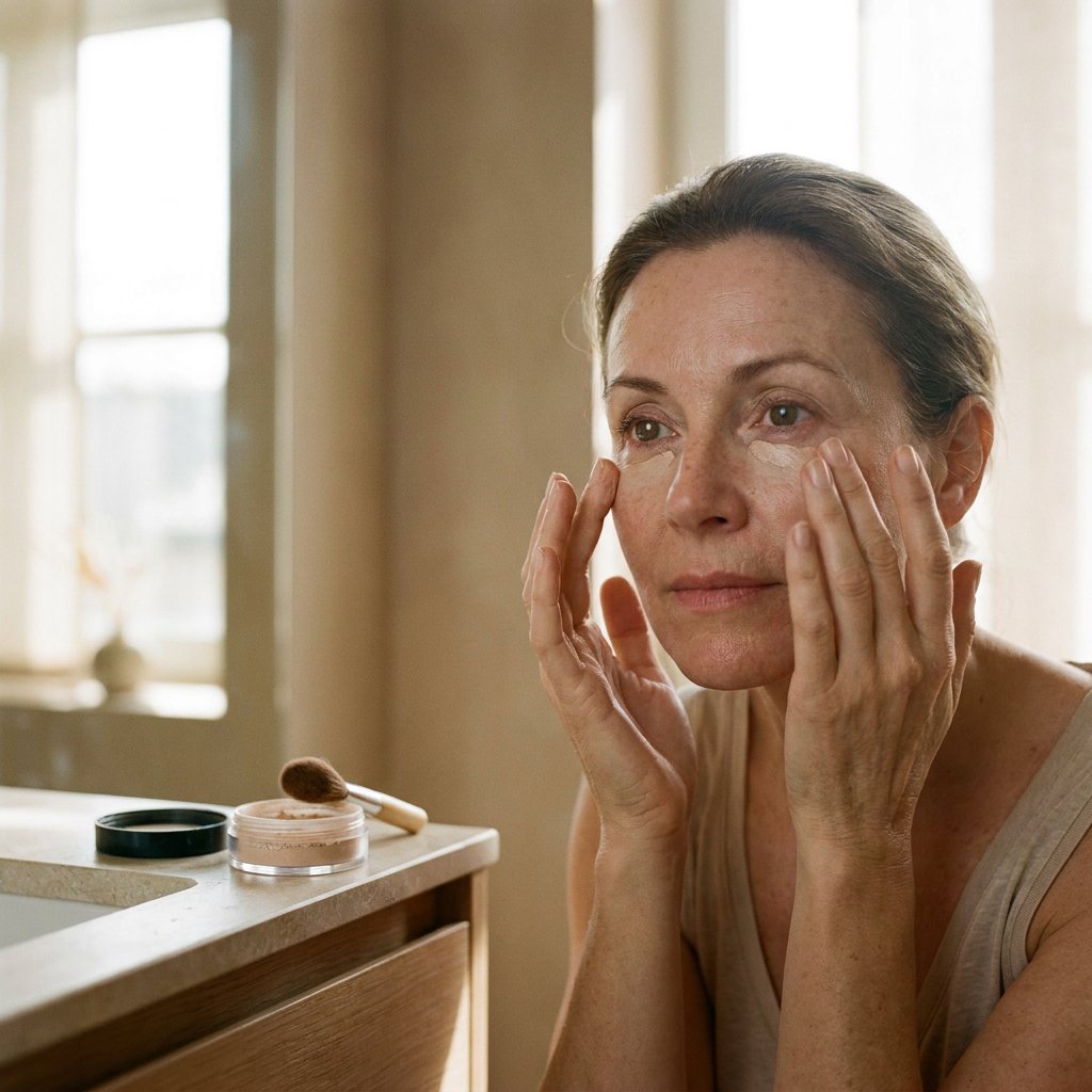 Vrouw van middelbare leeftijd brengt minerale concealer subtiel aan in een rustige, natuurlijke badkamer met zacht daglicht en neutrale tinten.