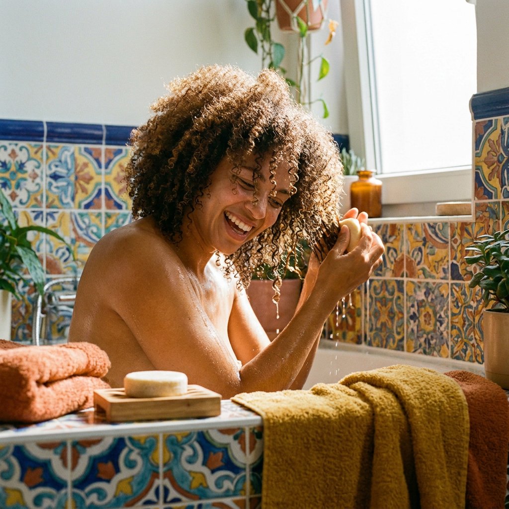 Vrouw met veerkrachtige krullen gebruikt een conditioner bar in een lichte, kleurrijke badkamer met warme tinten en een frisse, speelse sfeer.