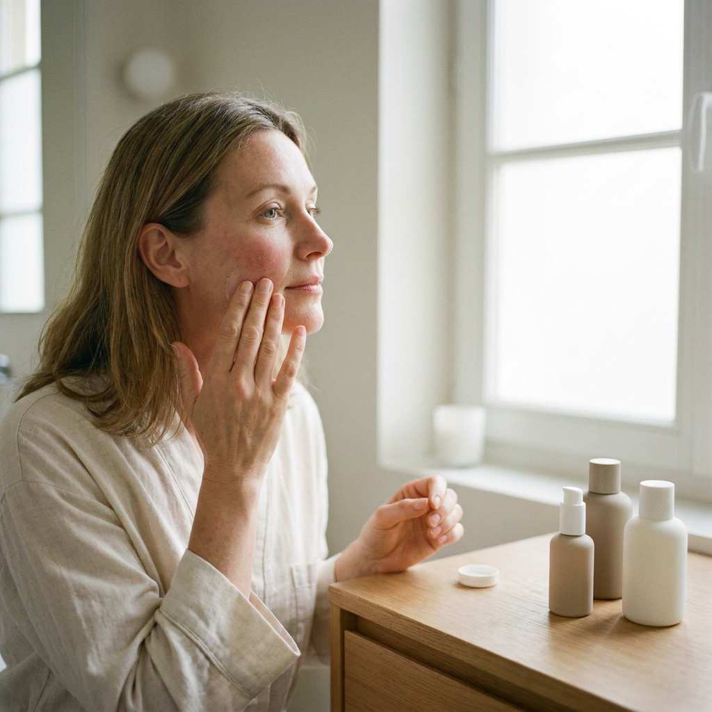 Vrouw met gevoelige huid brengt rustig een milde exfoliant aan in een lichte, natuurlijke badkamer met zachte handdoeken en minimalistische skincare.