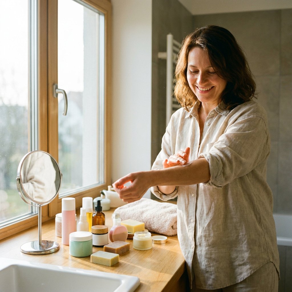 Vrolijke vrouw test een nieuw huidproduct op de binnenkant van haar arm in een lichte badkamer met kleurrijke skincare en warme ochtendzon.