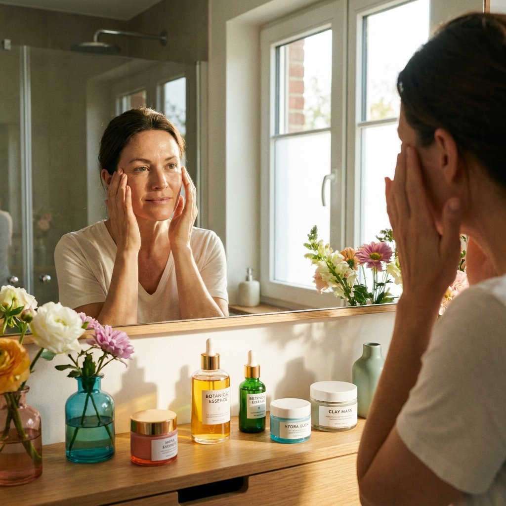 Vrolijke vrouw in een lichte badkamer bekijkt haar glanzende maar trekkerige huid terwijl zachte, kleurrijke skincareproducten op de wastafel staan.