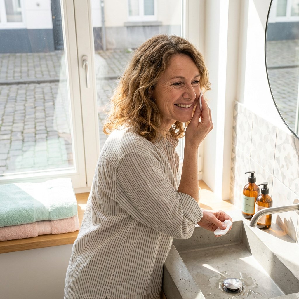 Vrolijke vrouw in een lichte moderne badkamer gebruikt micellair water met een wattenschijfje, omringd door kleurrijke handdoeken en warme ochtendzon.