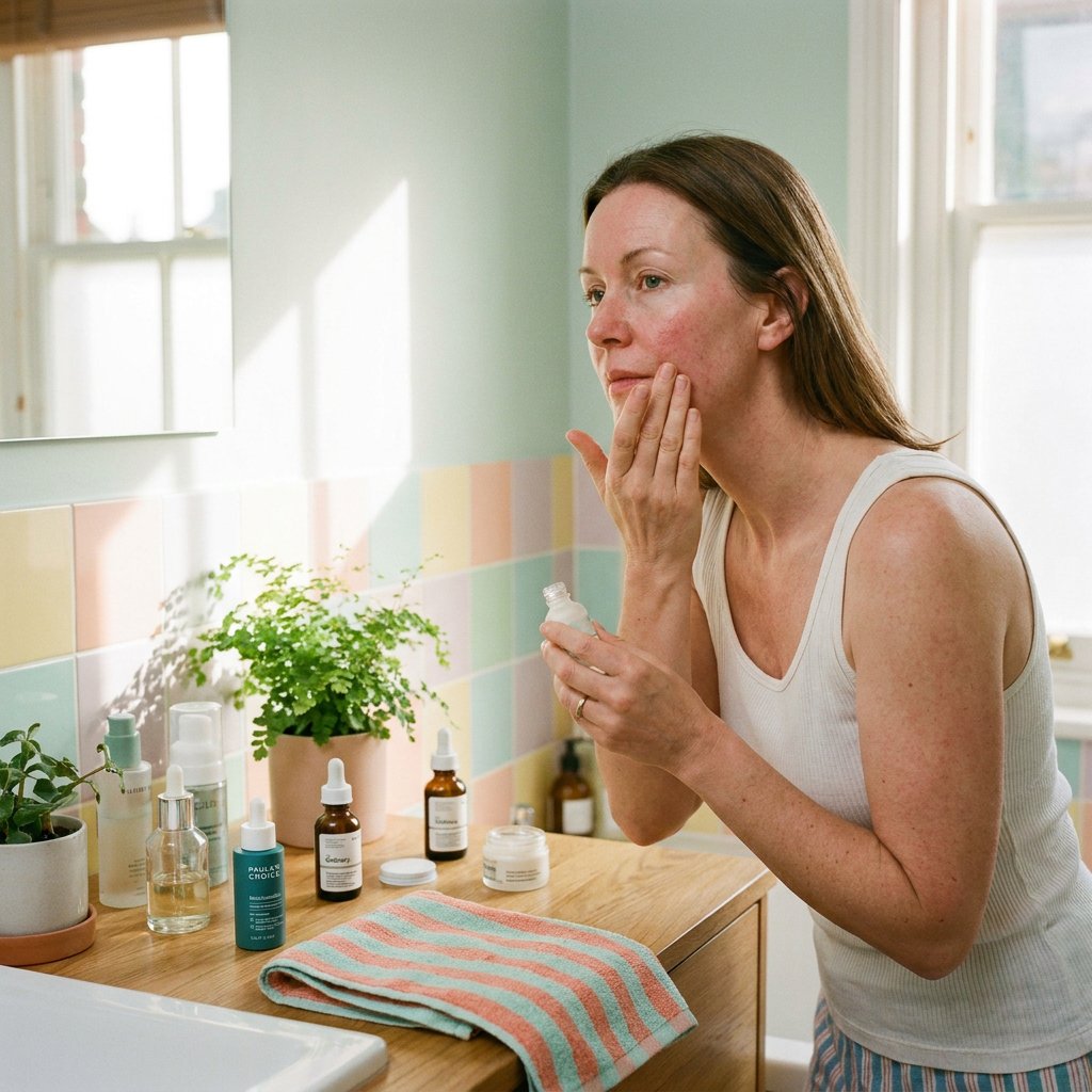Vrouw met licht gevoelige huid brengt een serum aan in een frisse, kleurrijke badkamer met warme ochtendzon en een vrolijke, natuurlijke sfeer.