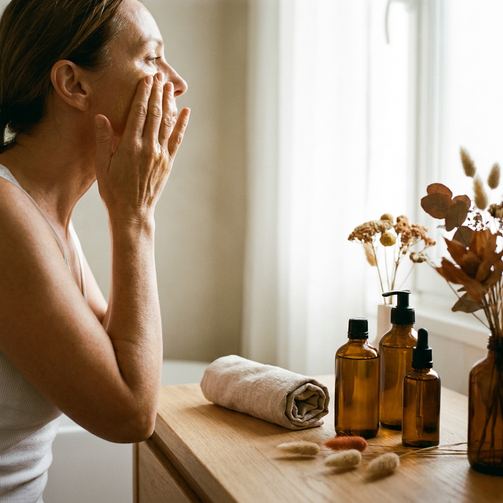 Vrouw van middelbare leeftijd masseert reinigingsolie in op haar gezicht in een lichte, natuurlijke badkamer met zachte handdoeken en botanische details.