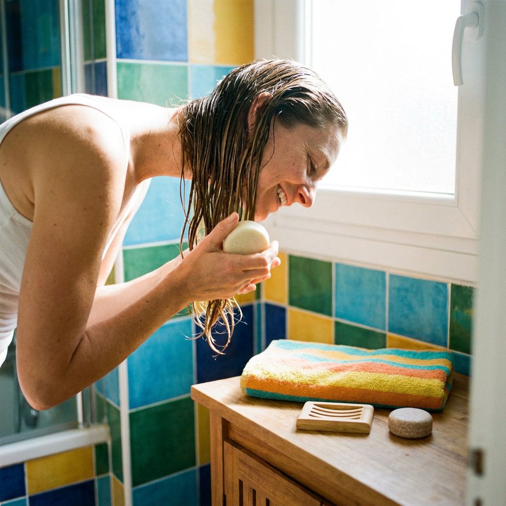 Vrouw brengt een conditioner bar aan op nat haar in een lichte badkamer, met vrolijke kleuren, warme ochtendzon en een frisse duurzame sfeer.