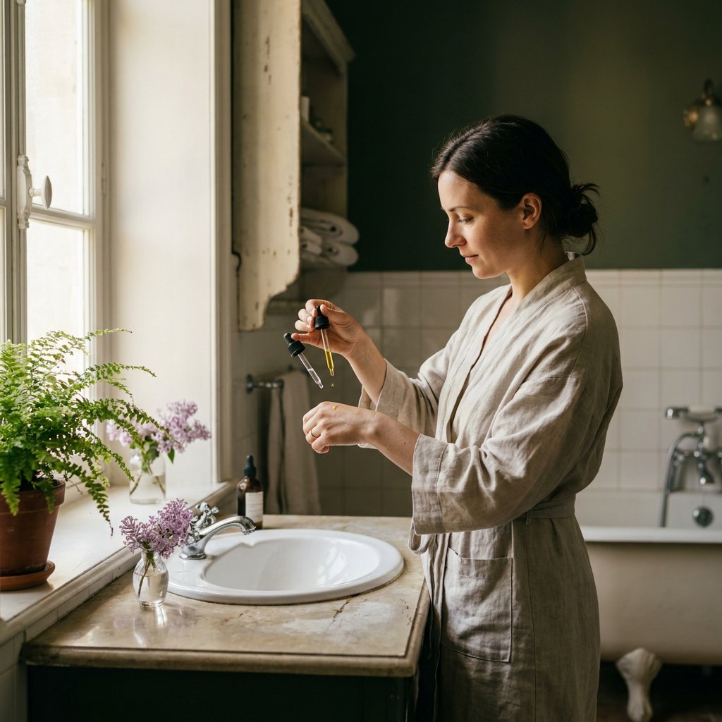 Soft daylight in a minimalist European bathroom. A woman compares two skincare droppers, testing a clear serum and a golden bakuchiol oil on her hand near green botanicals.